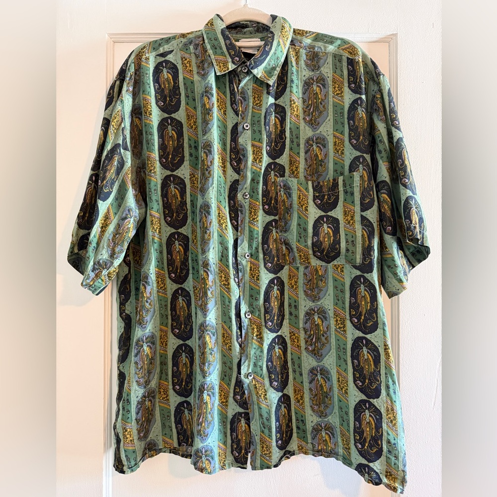 Vintage Torriani Mardi Gras Art Deco 100% Silk Button Down Shirt Size Medium